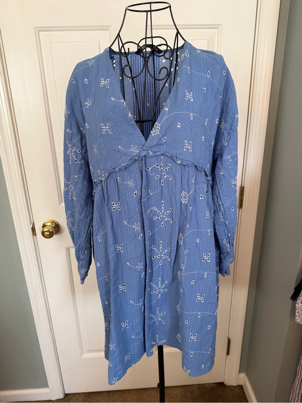 Zara Blue Embroidered Long Sleeve Gauze Boho Mini Dress XS